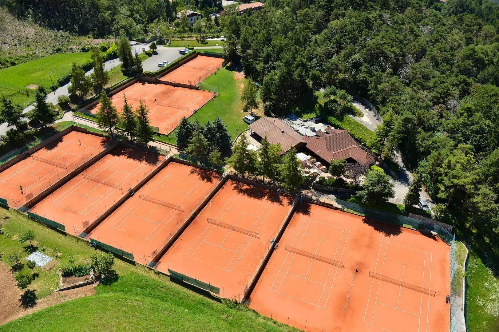 Aerial view red tennis courts and vegetation.